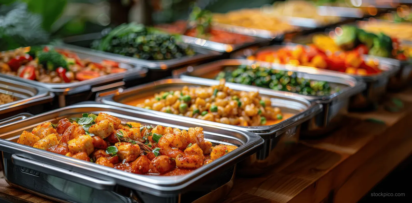 A buffet table shows several chafing dishes filled with chicken, vegetables, and colorful food.