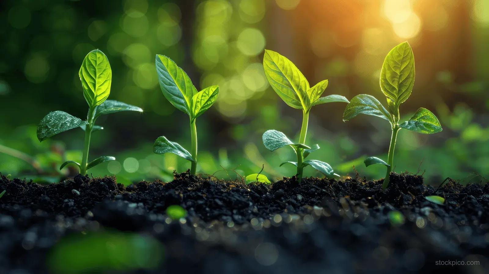 Young seedlings sprout from dark soil in a sunlit forest with blurred green bokeh behind them.