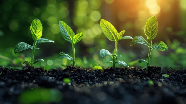 Young seedlings sprout from dark soil in a sunlit forest with blurred green bokeh behind them.