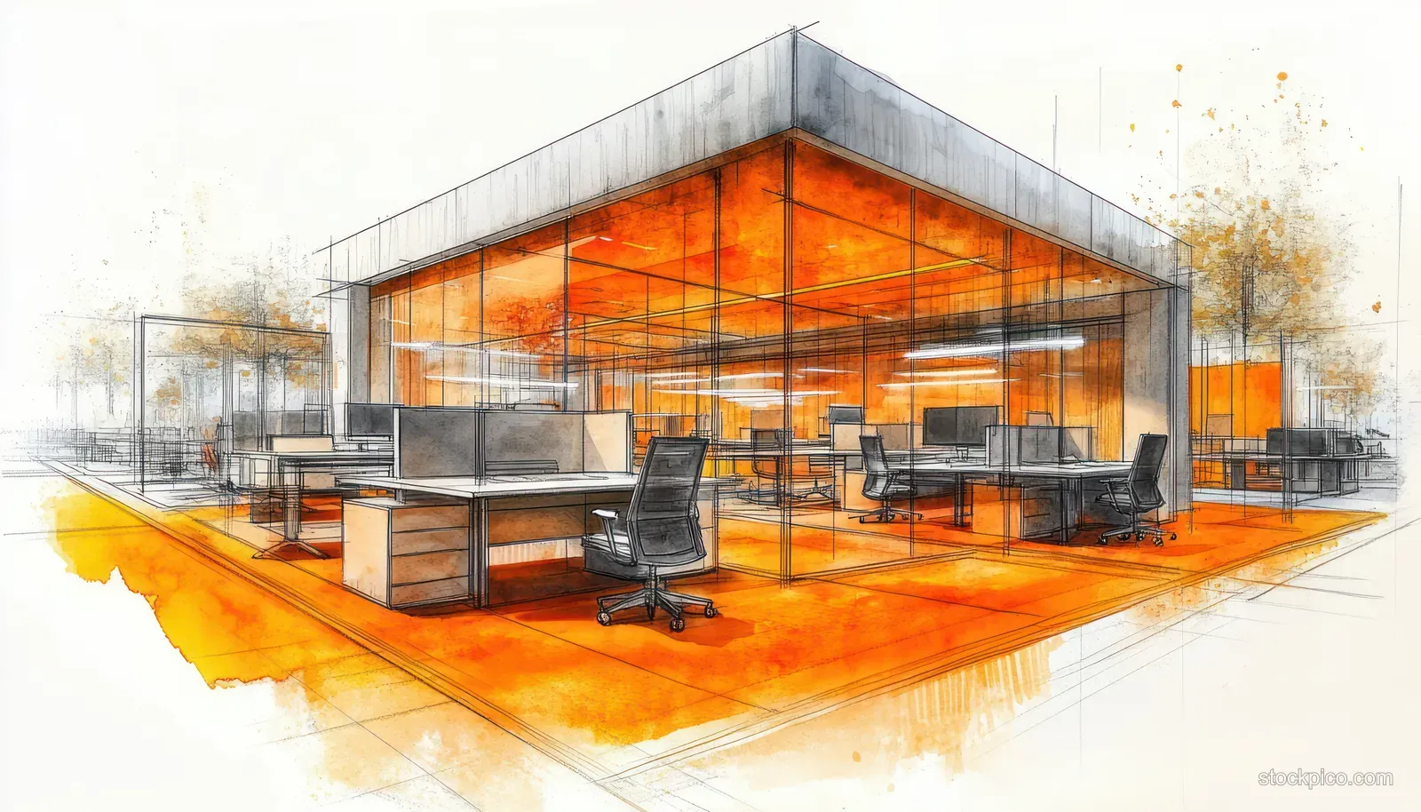 Open office interior concept with glass walls, multiple desks and chairs, and bright orange flooring lines.