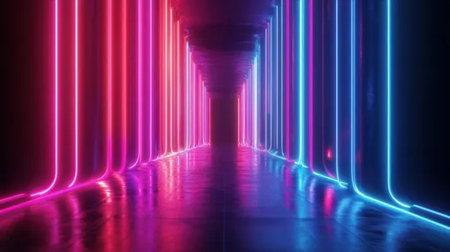 A dark futuristic corridor with pink and blue neon tubes, reflected on the glossy floor.