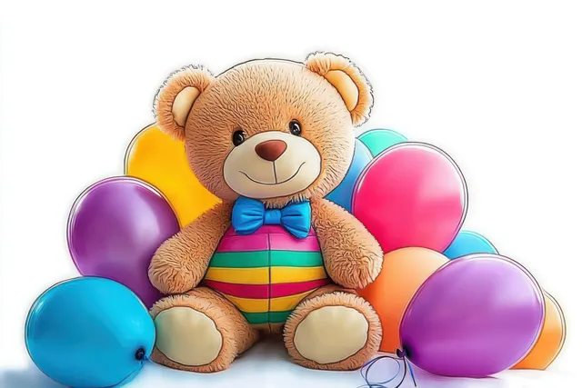 Cartoon teddy bear sitting with colorful balloons and a striped scarf on a white background.