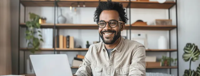 Smiling multiethnic man working on laptop in home office during an online meeting