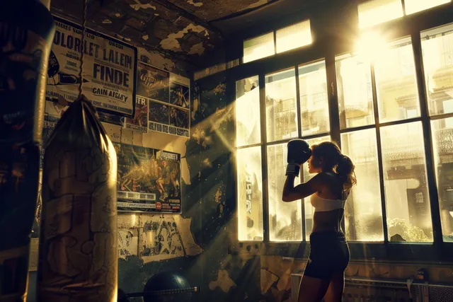 Female boxer raises her gloves to punch during training next to a heavy bag in a sunny gym.