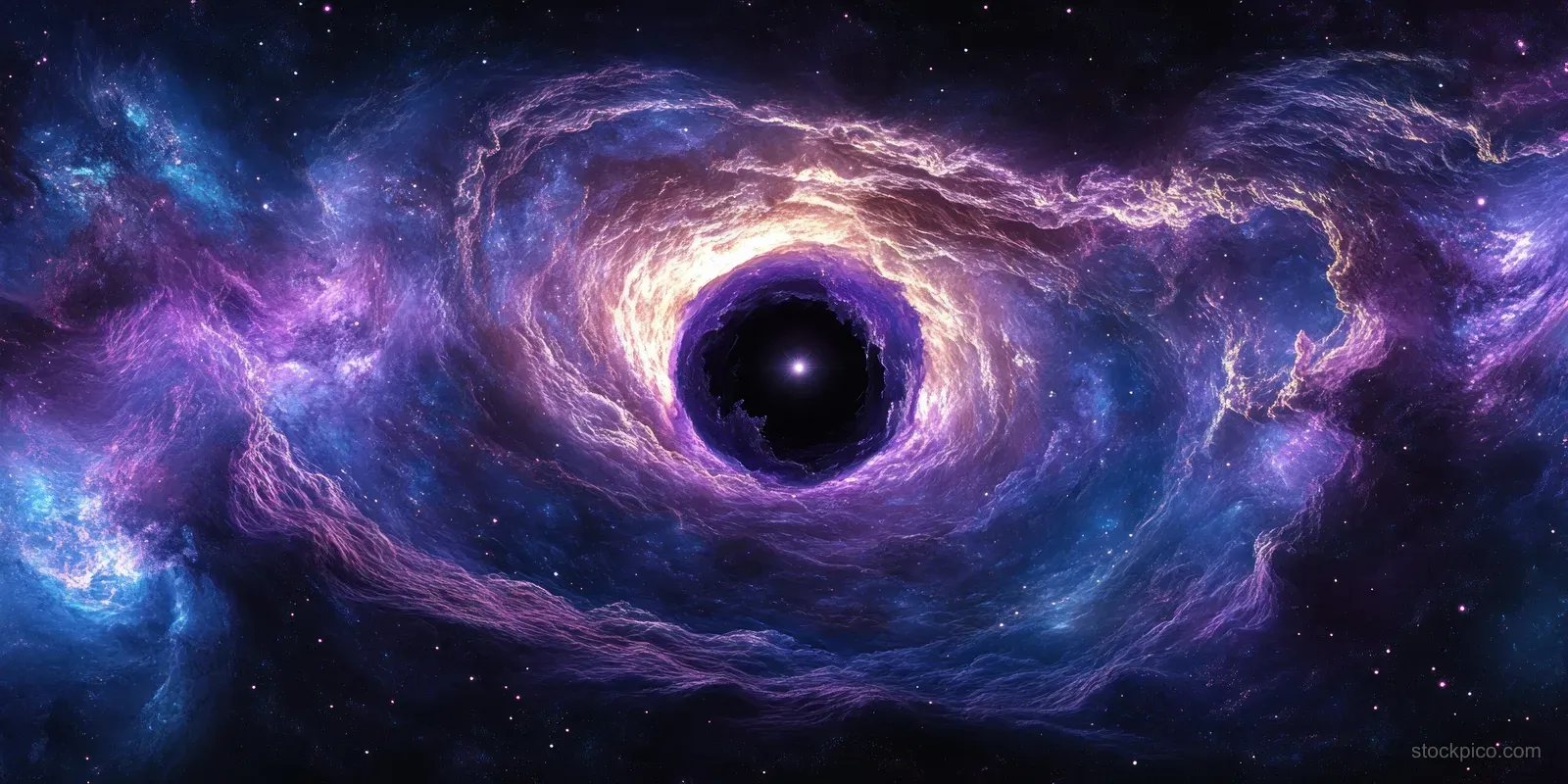 A glowing black hole surrounded by swirling purple and blue nebula clouds in deep space.