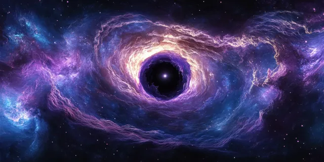 A glowing black hole surrounded by swirling purple and blue nebula clouds in deep space.
