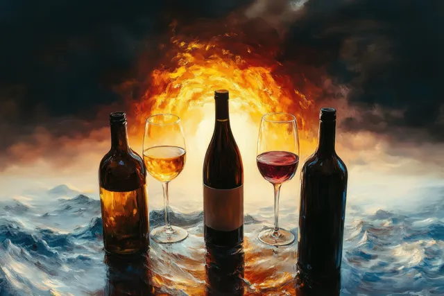 Three wine bottles and two wine glasses filled with red and white wine rest on rippling reflective water under a fiery orange and dark cloudy sky.