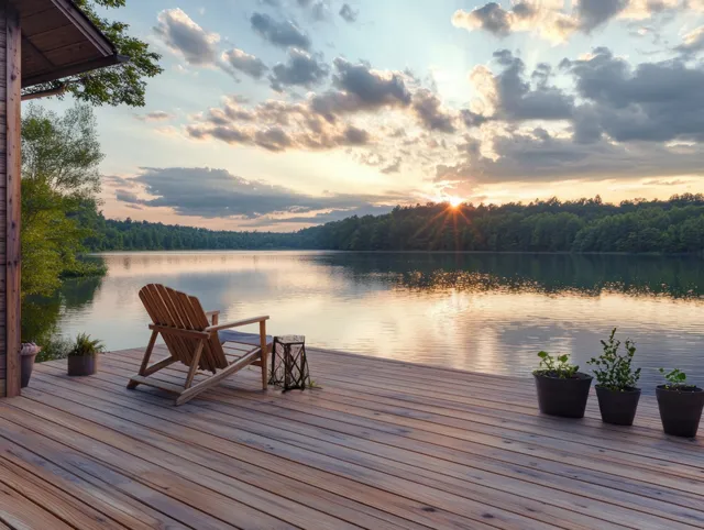 Wooden deck with a lounge chair beside potted plants, looking over a lake with sunset reflections.