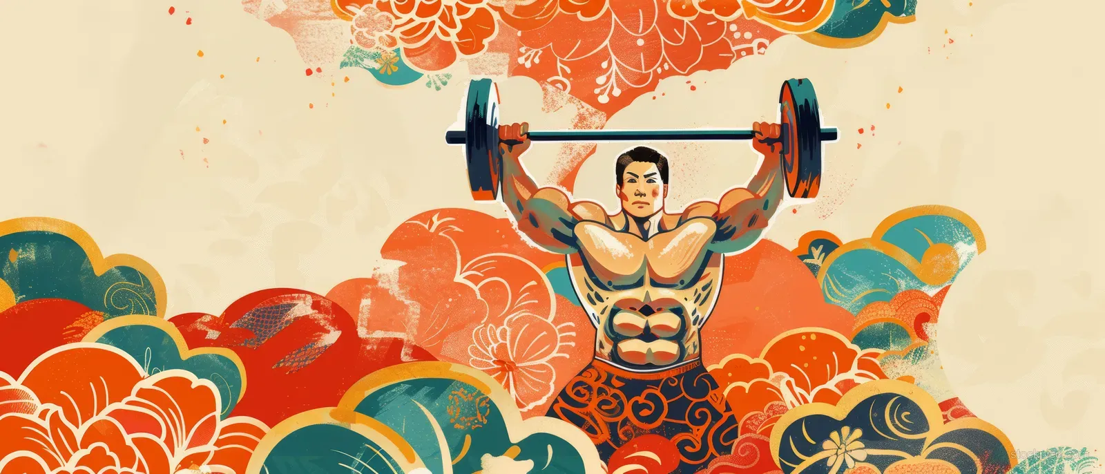 Male weightlifter lifts a barbell in front of vibrant Chinese cloud and wave patterns.
