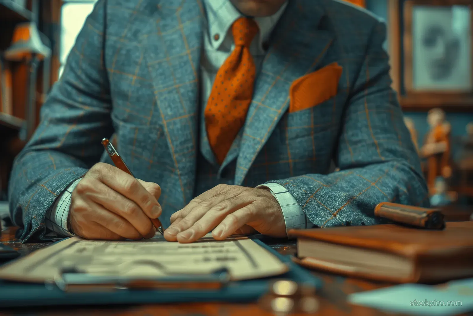 A man signs a mortgage contract at a desk with a model house and bank paperwork in view.