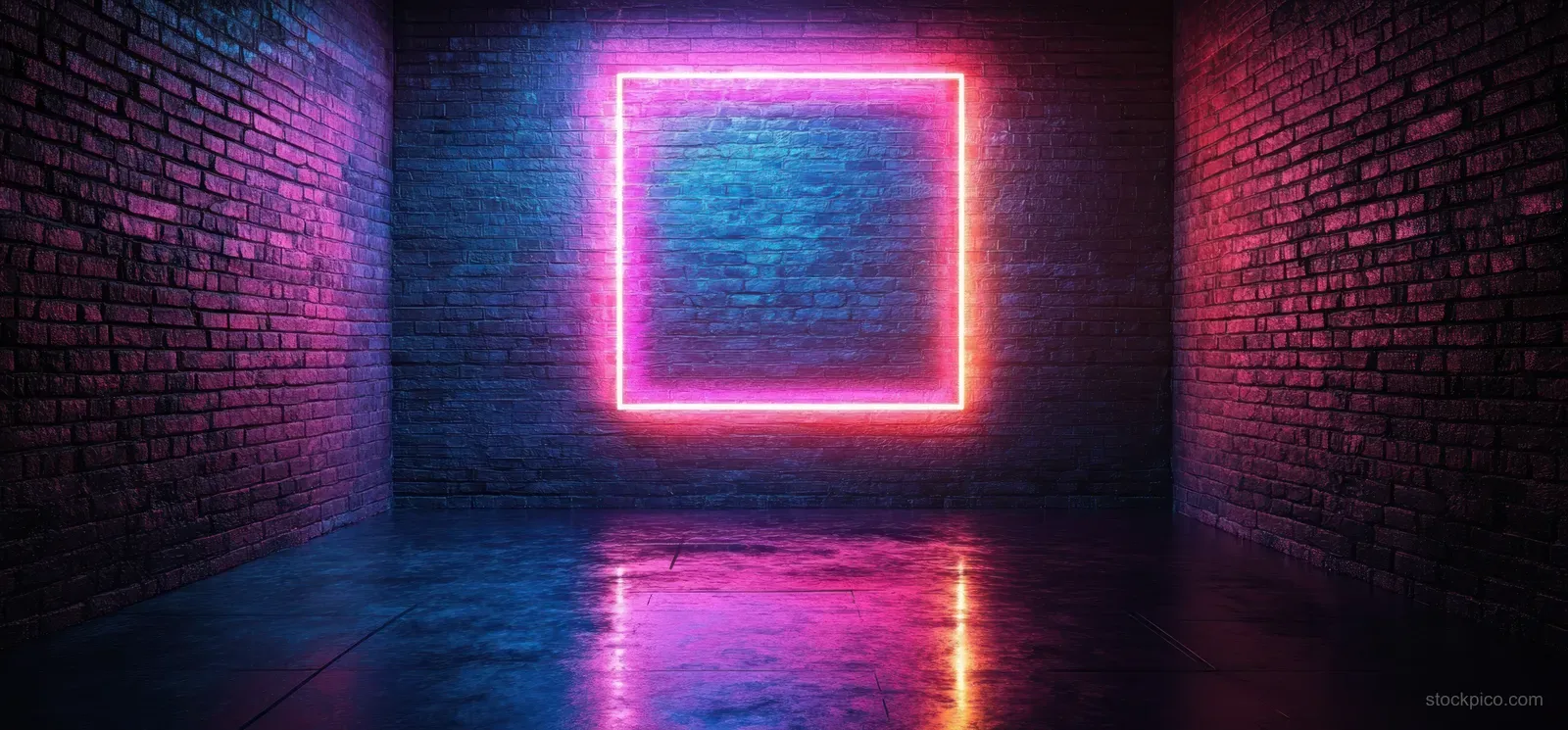A neon glowing square frame floats in a dark brick cyberpunk hallway with a reflective floor.