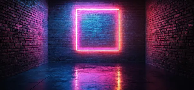 A neon glowing square frame floats in a dark brick cyberpunk hallway with a reflective floor.
