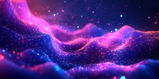 Glowing neon polygon network curves across a dark space-like background with connected node lights.