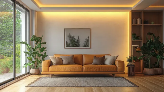 Cozy modern living room with brown leather sofa, warm light, and wooden floor