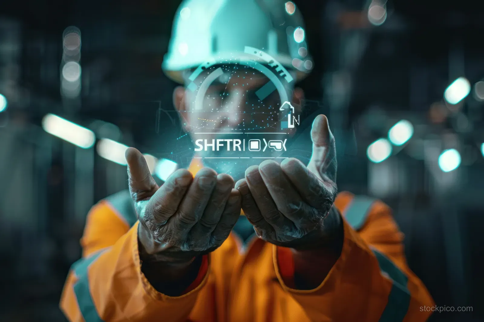 Industrial worker in a safety helmet holds a glowing holographic cube in a dark factory with blue light bokeh.