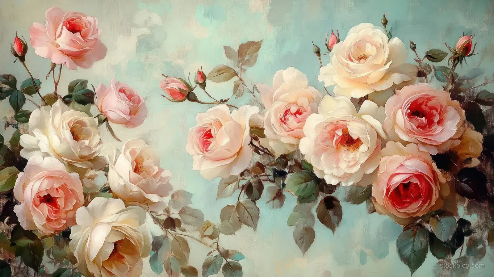 Pink and cream rose blossoms with green leaves on a pale blue watercolor sky backdrop.