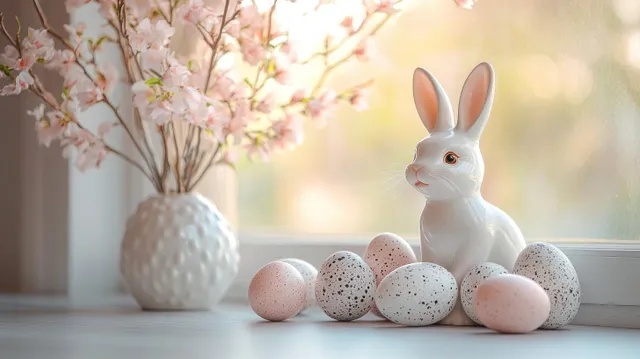 White ceramic rabbit figurine beside pastel speckled Easter eggs on a sunlit windowsill with pink blossoms in a vase.
