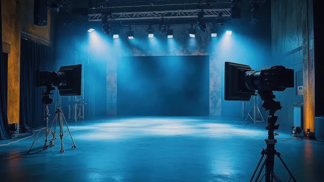 An empty studio stage with blue haze light beams and camera tripods in front of a dark backdrop.