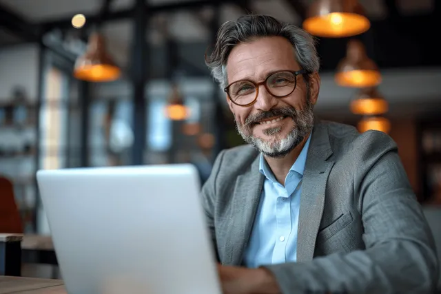 Mature man with gray beard and glasses works on a laptop at a warm modern cafe table.