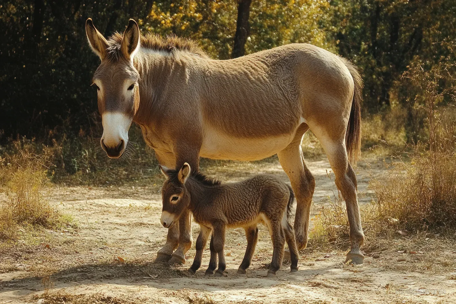 Mini donkey mother and foal stand together on a dusty farm path with trees in the warm sunlight.