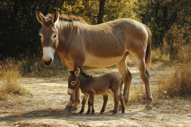 Mini donkey mother and foal stand together on a dusty farm path with trees in the warm sunlight.