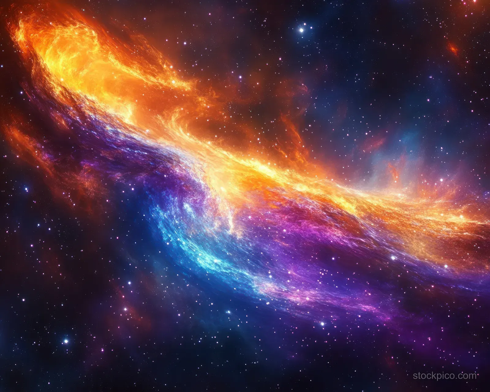 Swirling orange, blue, and purple nebula gases glow across deep space with scattered stars and faint cosmic dust.