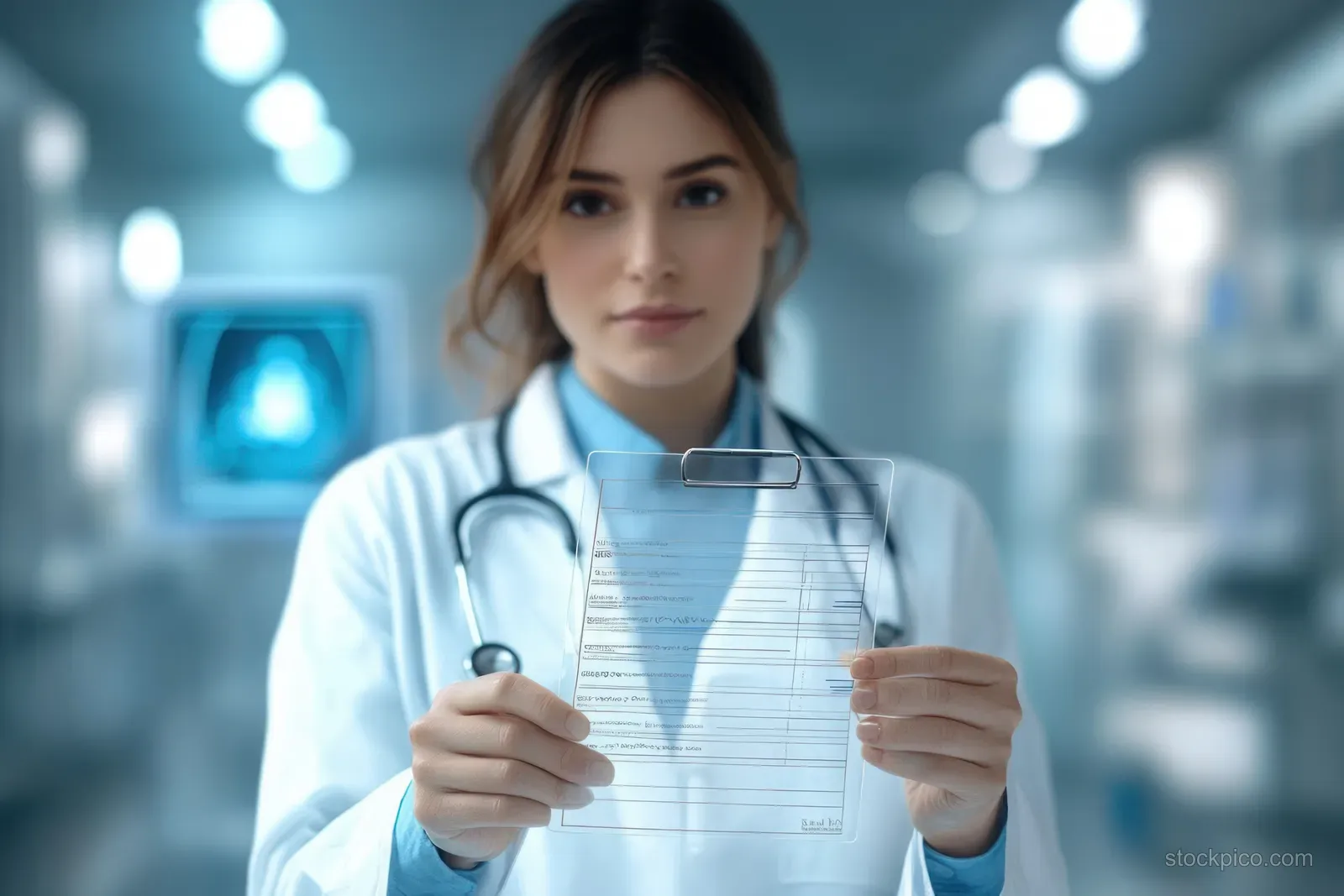 A doctor in a white coat holds a transparent checklist and medical documents in a modern clinic exam room.