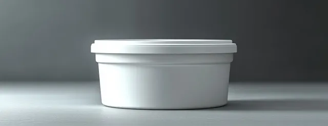 White round plastic container with sealed lid on a smooth gray studio surface