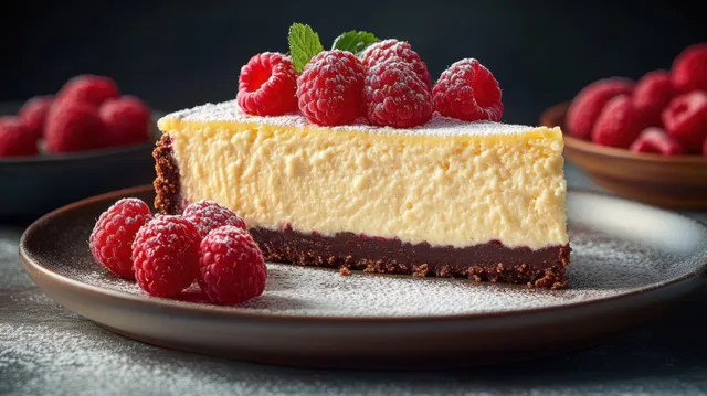 Cheesecake slice on a brown plate topped with raspberries and mint with powdered sugar on a dark background.
