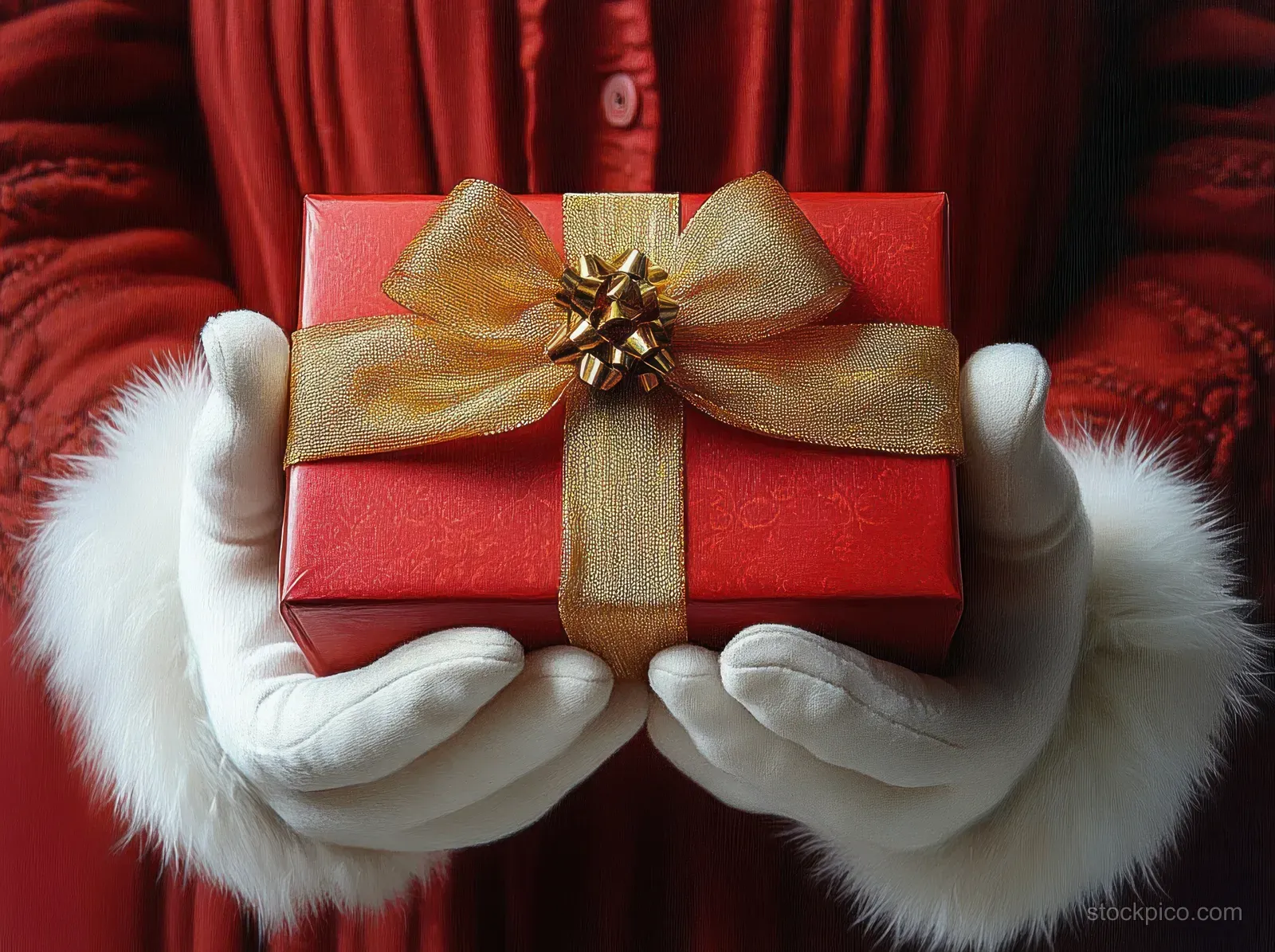 White-gloved hands in red sleeves hold a red gift box wrapped with a large gold ribbon bow.