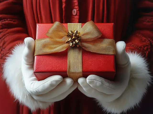 White-gloved hands in red sleeves hold a red gift box wrapped with a large gold ribbon bow.