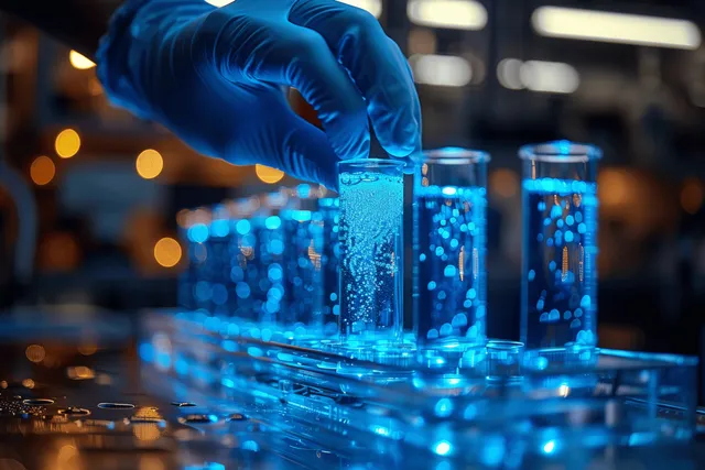 A gloved scientist measures glowing blue liquid among laboratory glassware on a bench with blurred lights.