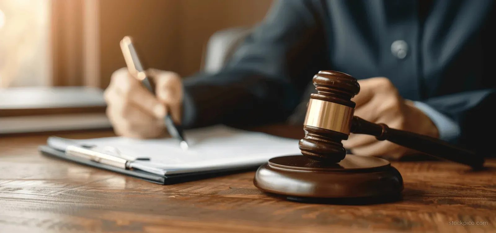 A lawyer holds a gavel while signing a legal document at a desk with a blurred courtroom office background.