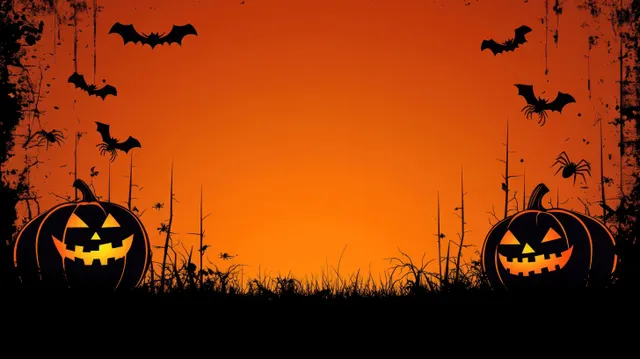 Two glowing jack-o-lanterns on dark grass with bats and spiders flying around an orange Halloween sky.