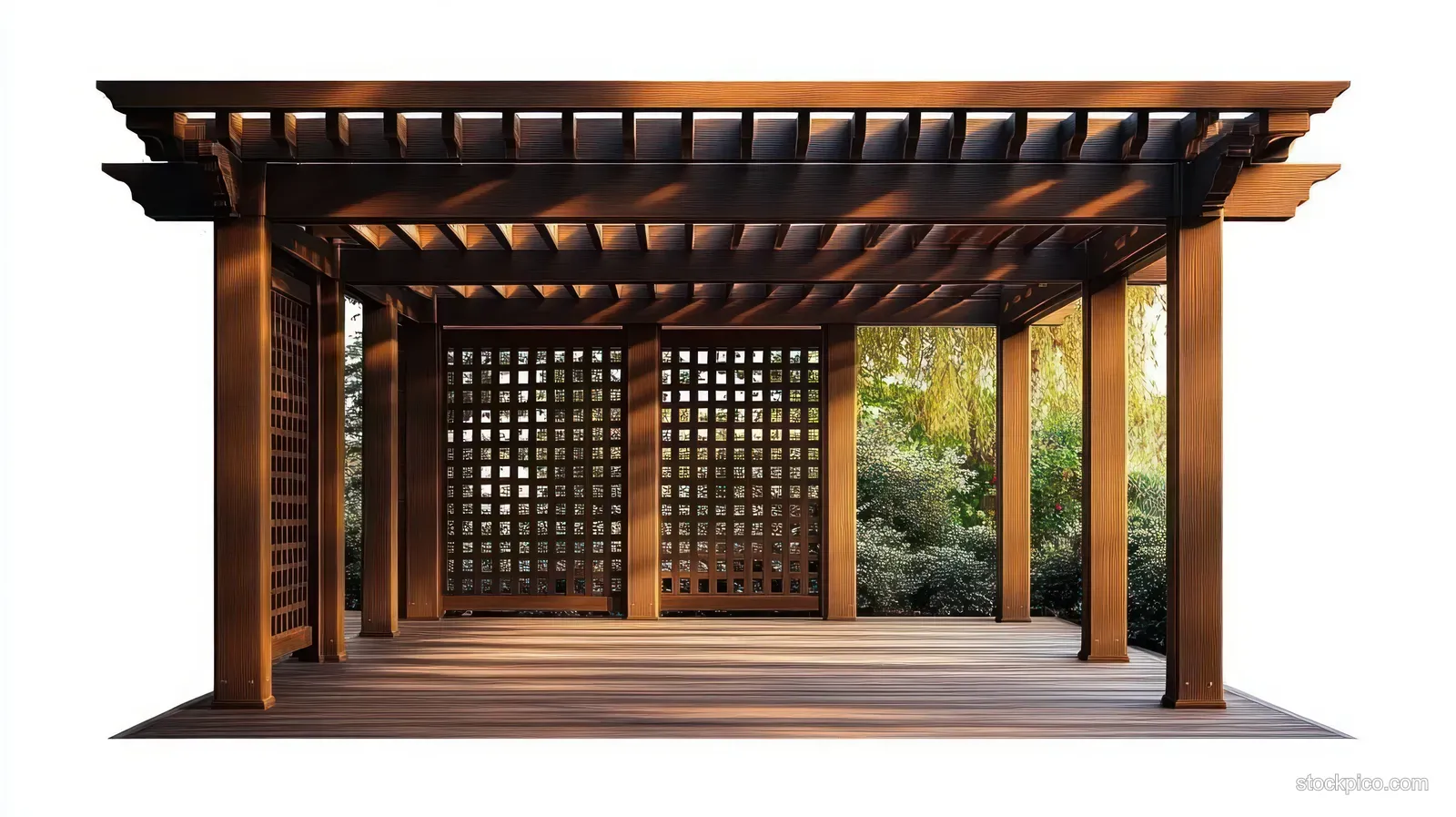 Wooden pergola with lattice walls casting patterned shadows across a wooden floor in a green outdoor garden.