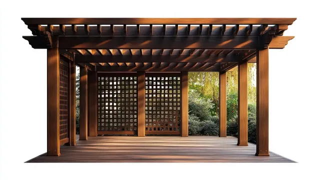 Wooden pergola with lattice walls casting patterned shadows across a wooden floor in a green outdoor garden.