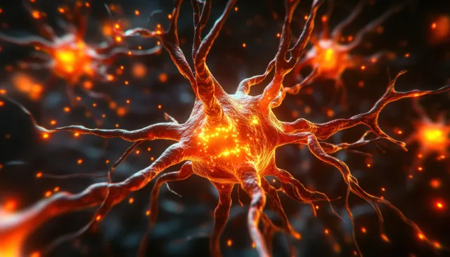 An orange glowing neuron with branching dendrites and sparkling synapses in a dark microscopic scene.