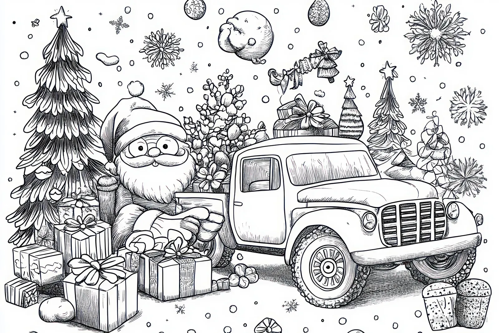 Santa Claus sits next to a truck loaded with wrapped gifts while Christmas trees and snowflakes fill the background.