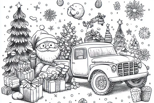 Santa Claus sits next to a truck loaded with wrapped gifts while Christmas trees and snowflakes fill the background.