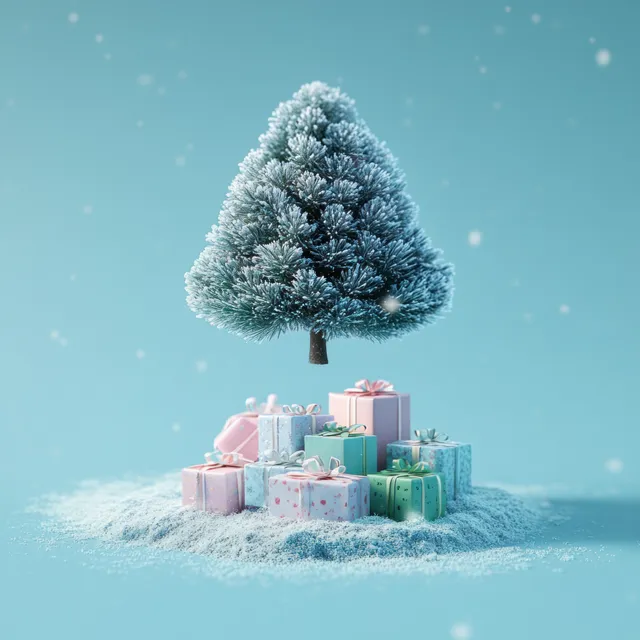 A snowy Christmas tree floats above pastel gift boxes on a snowy mound with soft blue light and falling snow.