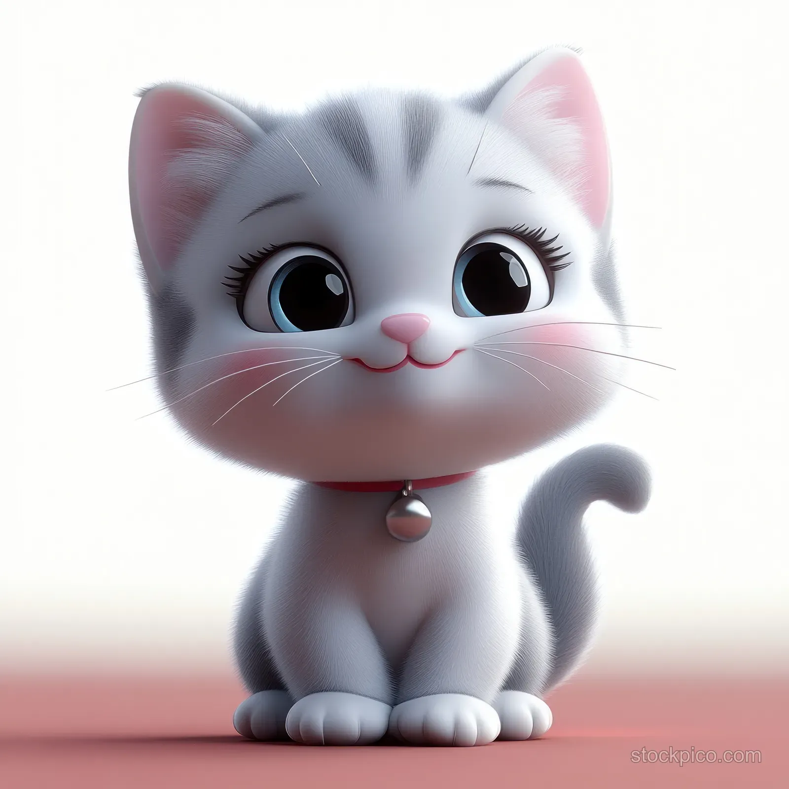 A soft pastel 3D cartoon kitten sits on a light floor with big sparkling eyes and pink ears.