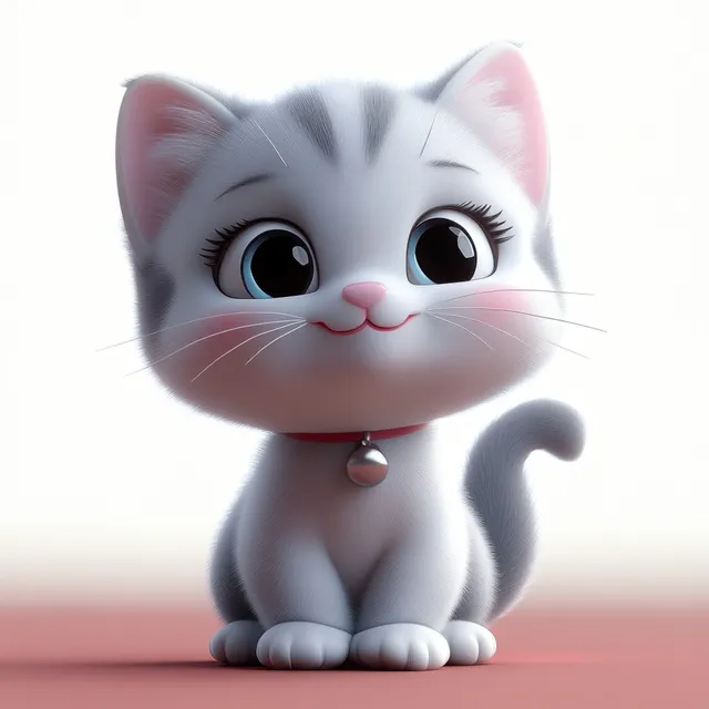 A soft pastel 3D cartoon kitten sits on a light floor with big sparkling eyes and pink ears.