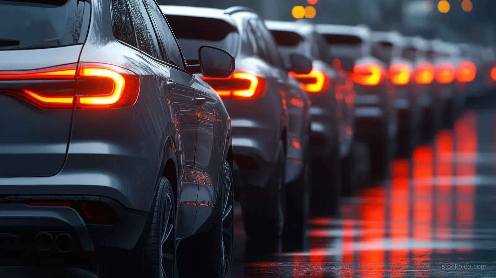 A line of cars with illuminated taillights stretches down a wet road, showing red reflections at dusk.