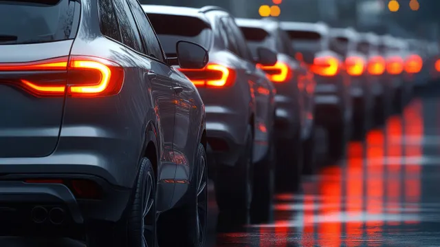 A line of cars with illuminated taillights stretches down a wet road, showing red reflections at dusk.