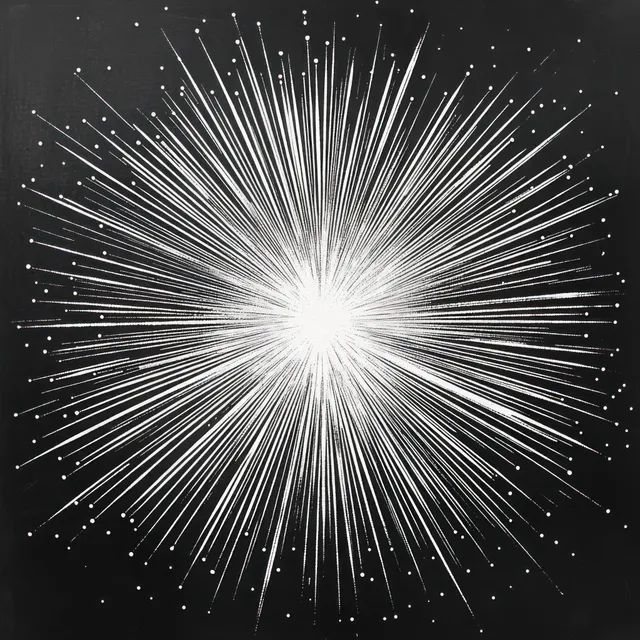 White starburst firework pattern radiating light beams and spark dots on dark background