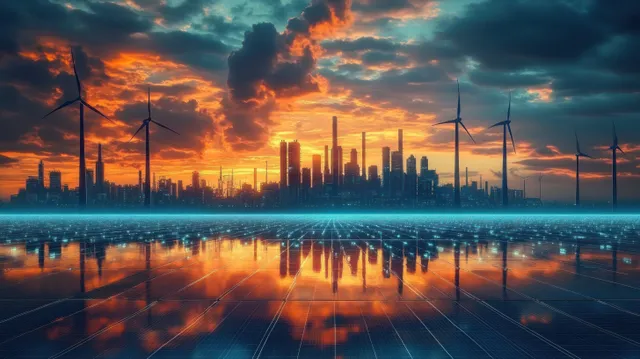 Sunset city skyline with reflective solar panels and wind turbines standing by calm water.