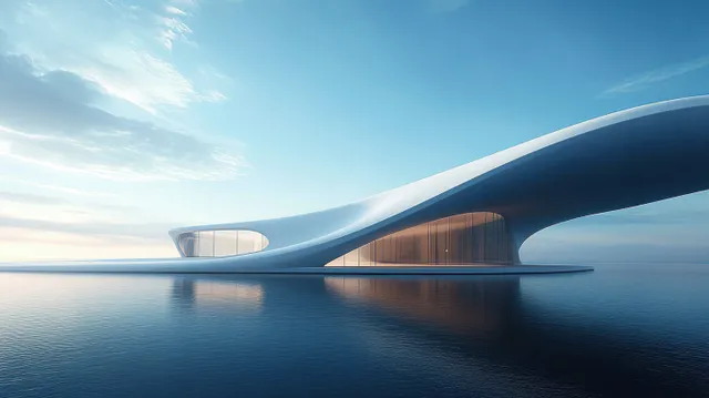 A futuristic curved building spans calm water, showing a mirrored reflection under a clear blue sky.