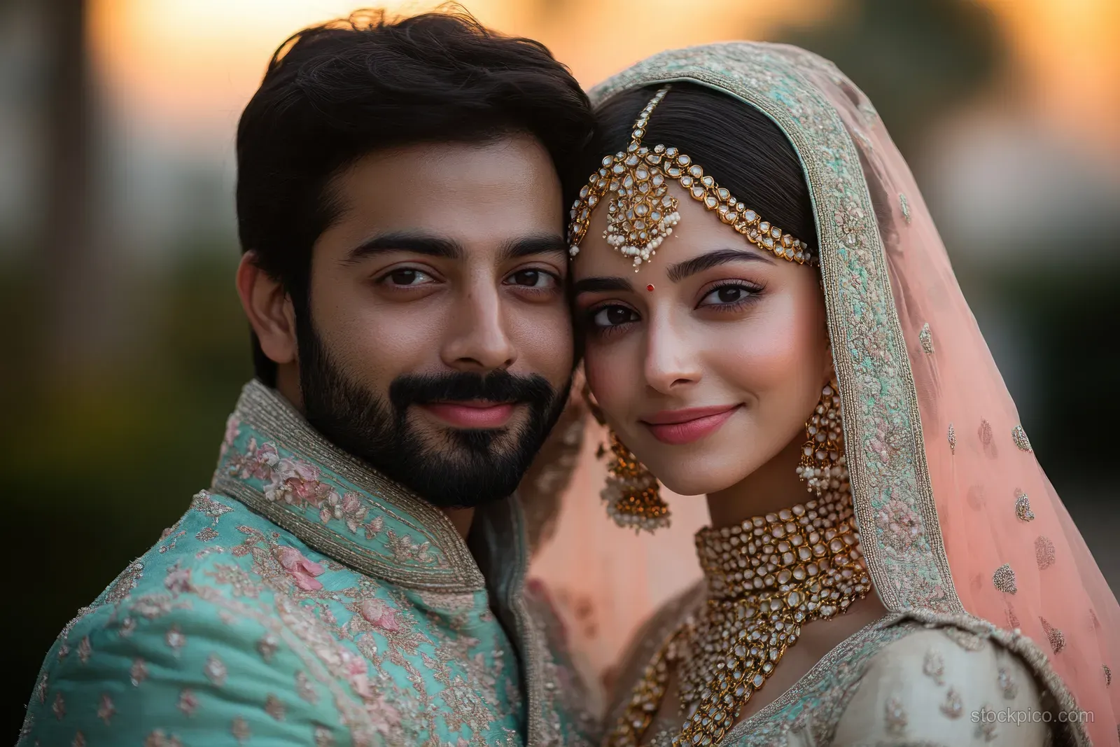 A South Indian bride and groom smile in traditional outfits with hands in a namaste gesture.