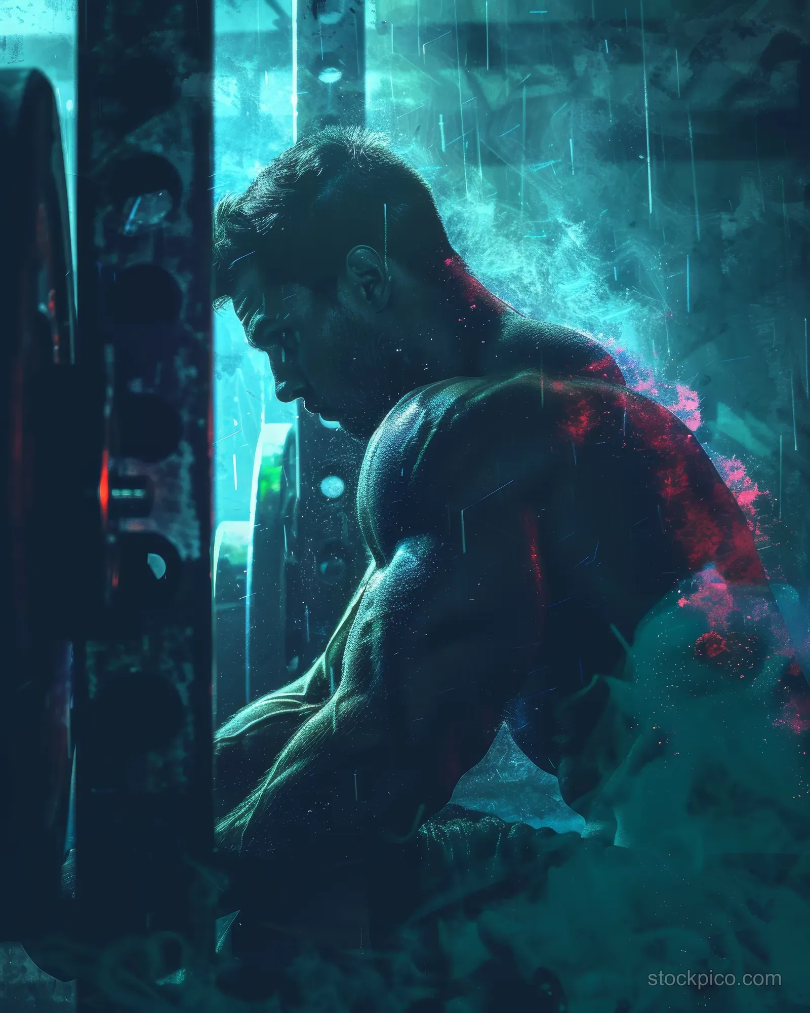 Russian weightlifter crouches beside a barbell under smoky blue gym lights with a blurred background.