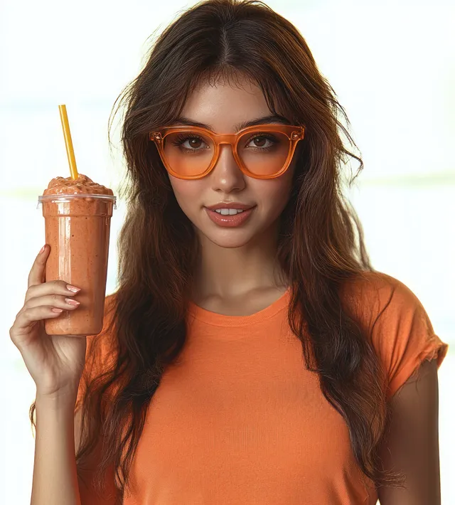Young woman with orange glasses holds a plastic cup of chocolate smoothie with an orange straw and smiles.